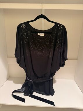 JR Nites Black Embellished Waist-Tie Blouse